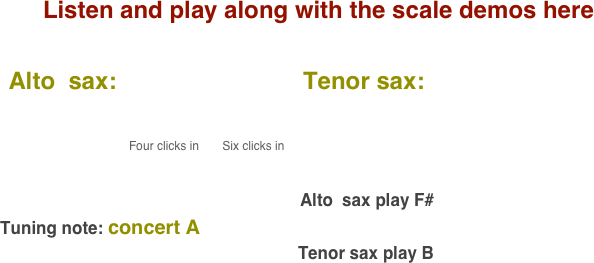 
Listen and play along with the scale demos here

    Alto  sax:                            Tenor sax:                                       
           
                                              
                                              Four clicks in       Six clicks in                                                                                                                                                                                                                                                                                 
                                                                                                                                        

                                                                                                       Alto  sax play F#    
  Tuning note: concert A
                                                                 Tenor sax play B